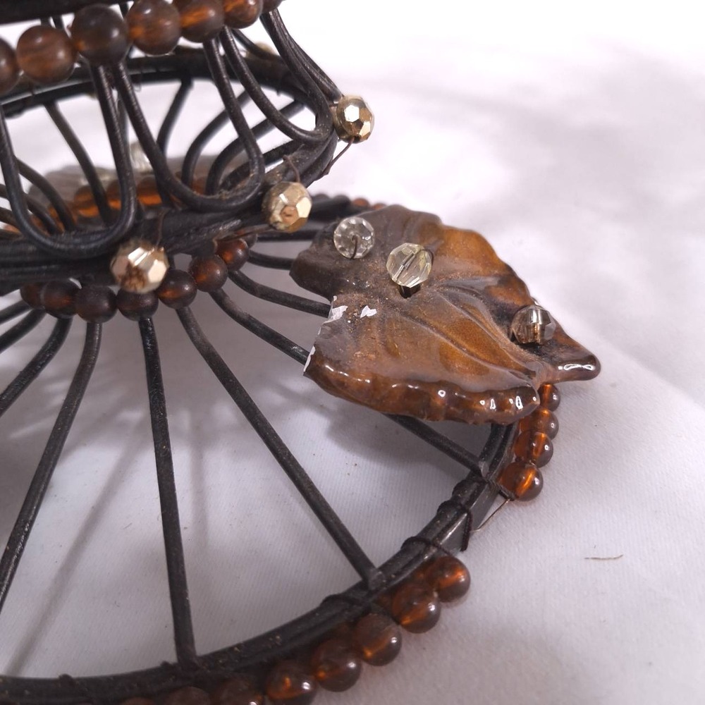Vtg Metal Wire‎ Beaded Basket w/ Ceramic Leaves Rustic Deco Centerpiece 12.5"w - Picture 5 of 12
